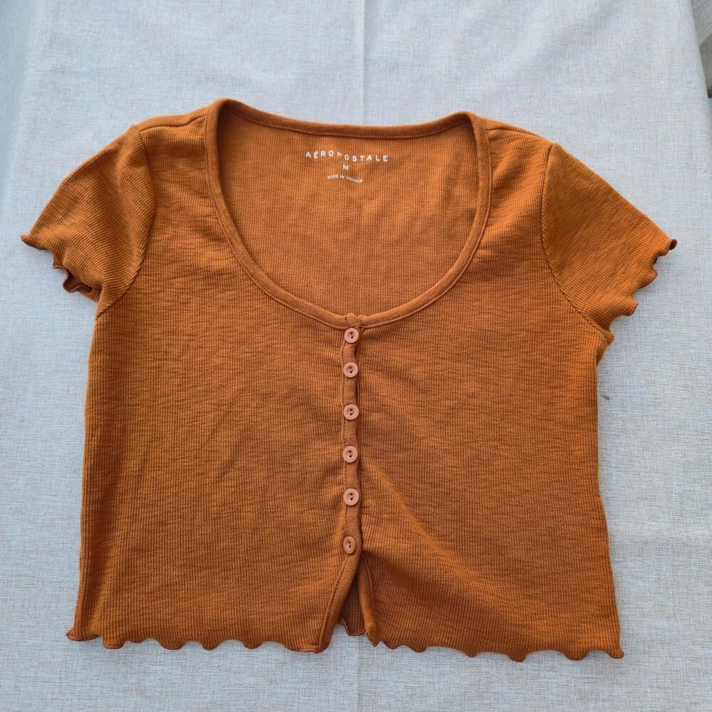 Aéropostale Burnt Orange Ribbed Lettuce-Edge Crop Top
